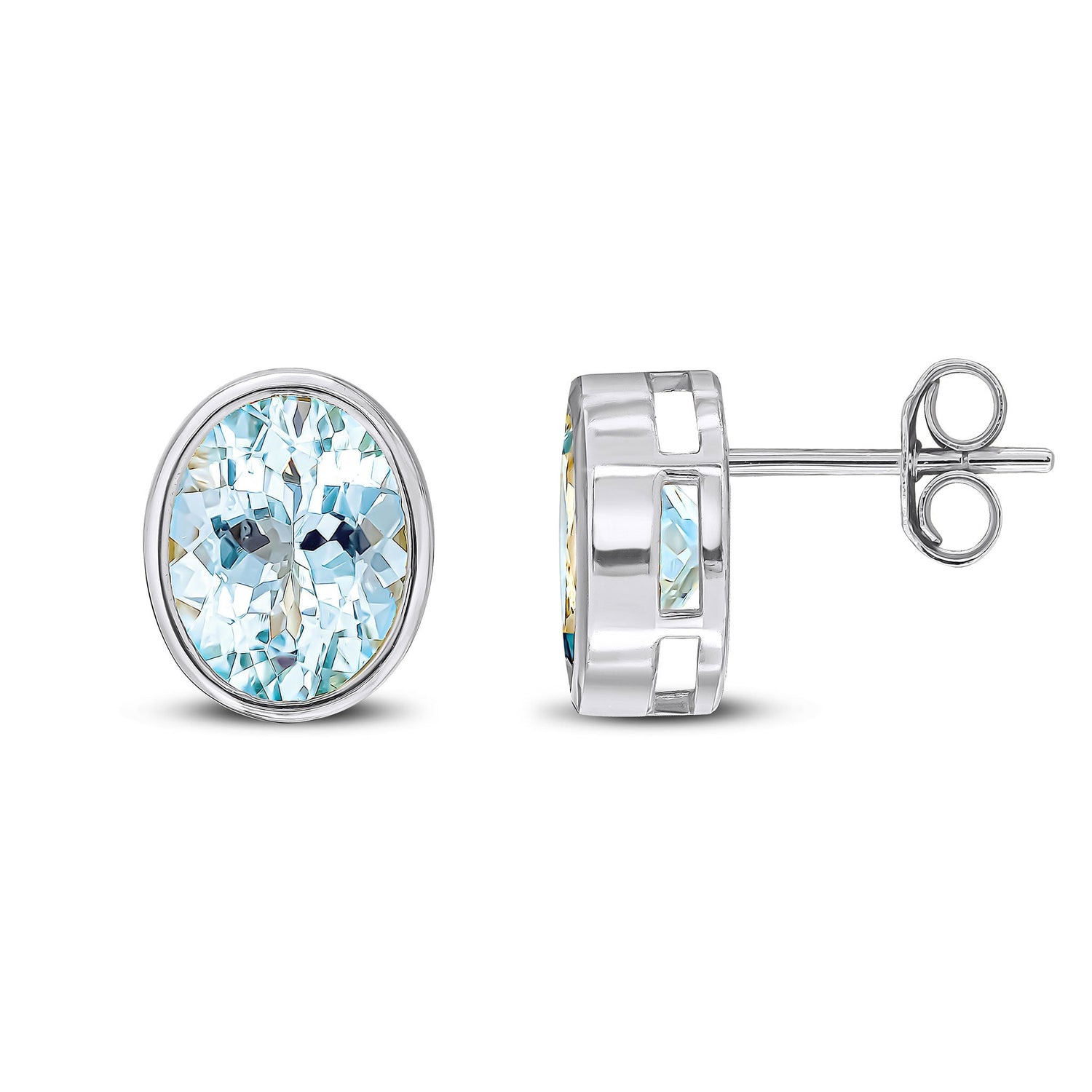 9ct White Gold Oval Natural Aquamarine Rubover Stud Earrings — 9x7mm
