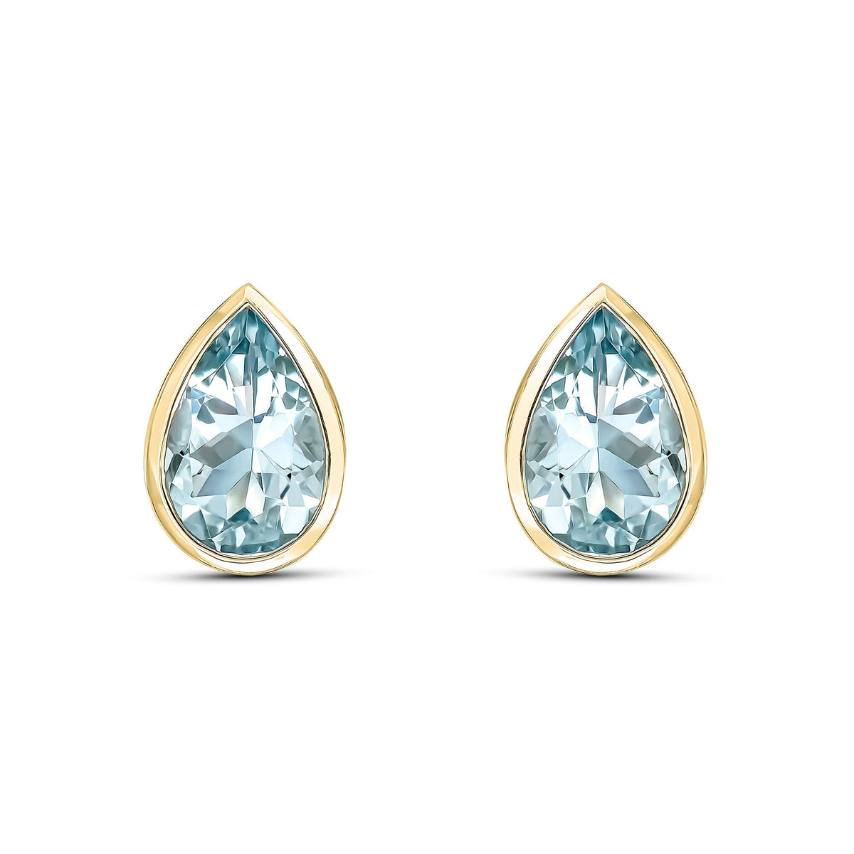 9ct Yellow Gold Pear Shaped Natural Aquamarine Rubover Stud Earrings — 9x6mm