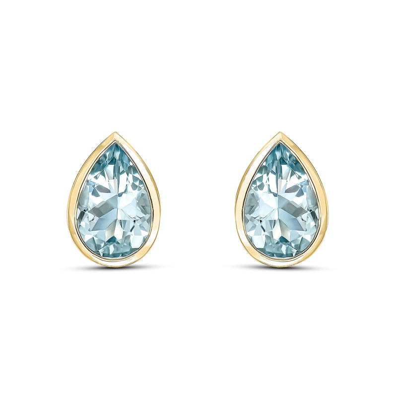 9ct Yellow Gold Pear Shaped Natural Aquamarine Rubover Stud Earrings — 9x6mm