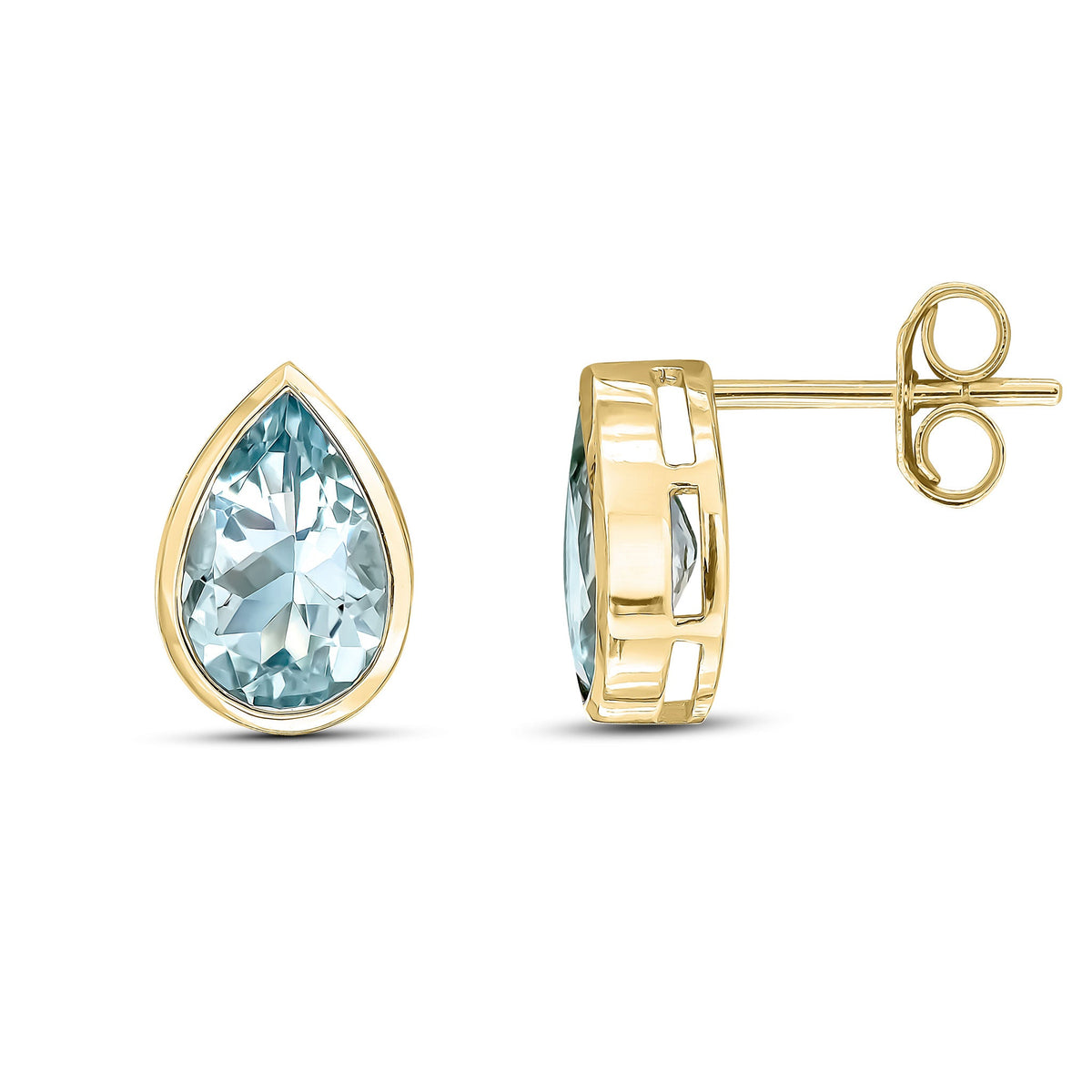 9ct Yellow Gold Pear Shaped Natural Aquamarine Rubover Stud Earrings — 9x6mm