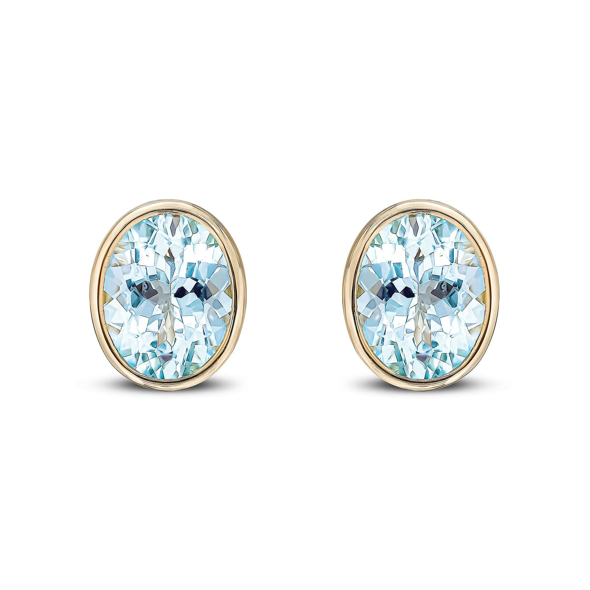 9ct Yellow Gold Oval Natural Aquamarine Rubover Stud Earrings — 9x7mm