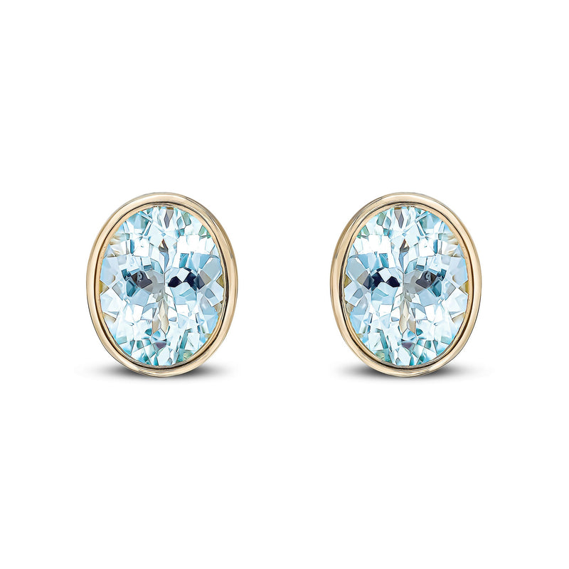 9ct Yellow Gold Oval Natural Aquamarine Rubover Stud Earrings — 9x7mm