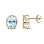 9ct Yellow Gold Oval Natural Aquamarine Rubover Stud Earrings — 9x7mm