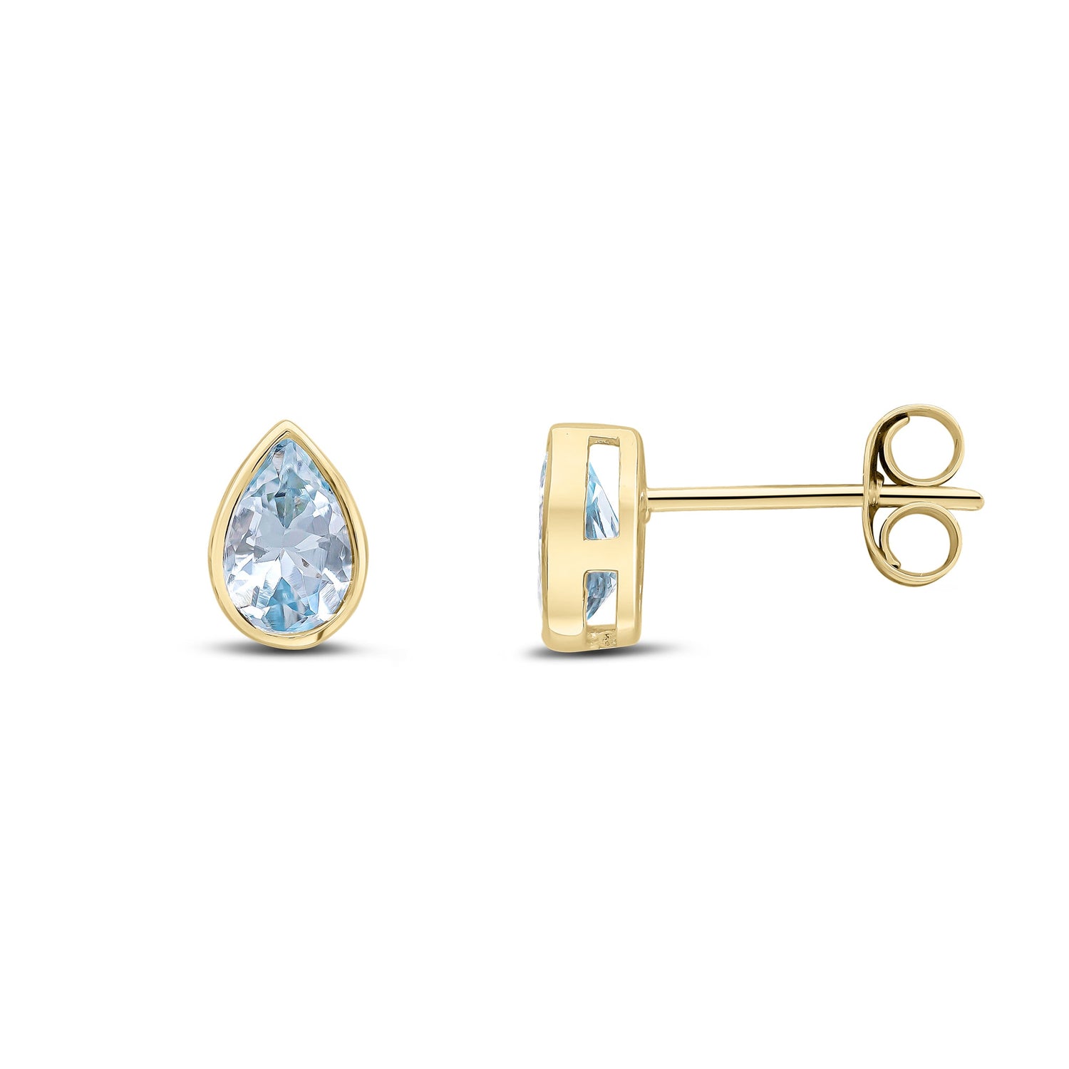 9ct Yellow Gold Pear Shaped Natural Aquamarine Rubover Stud Earrings — 6x4mm