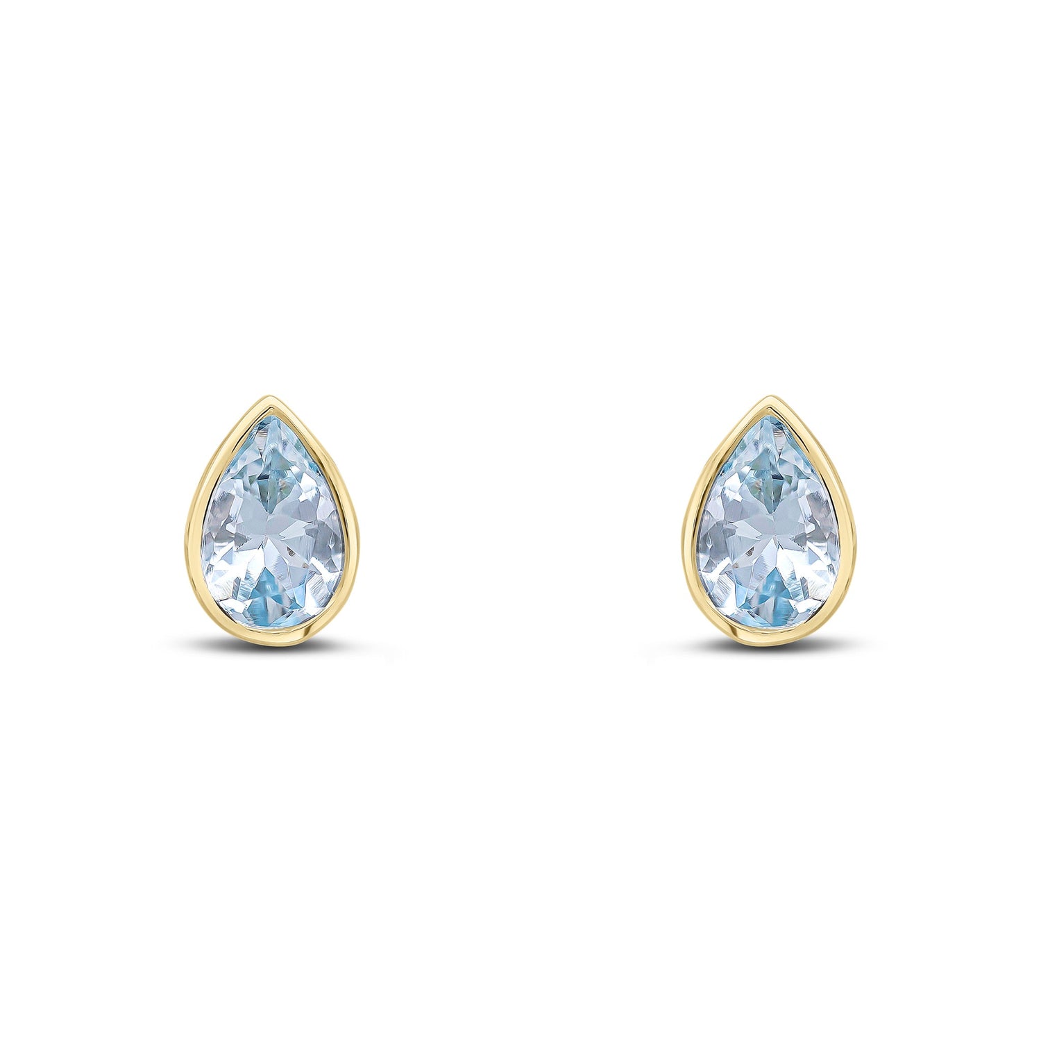 9ct Yellow Gold Pear Shaped Natural Aquamarine Rubover Stud Earrings — 6x4mm