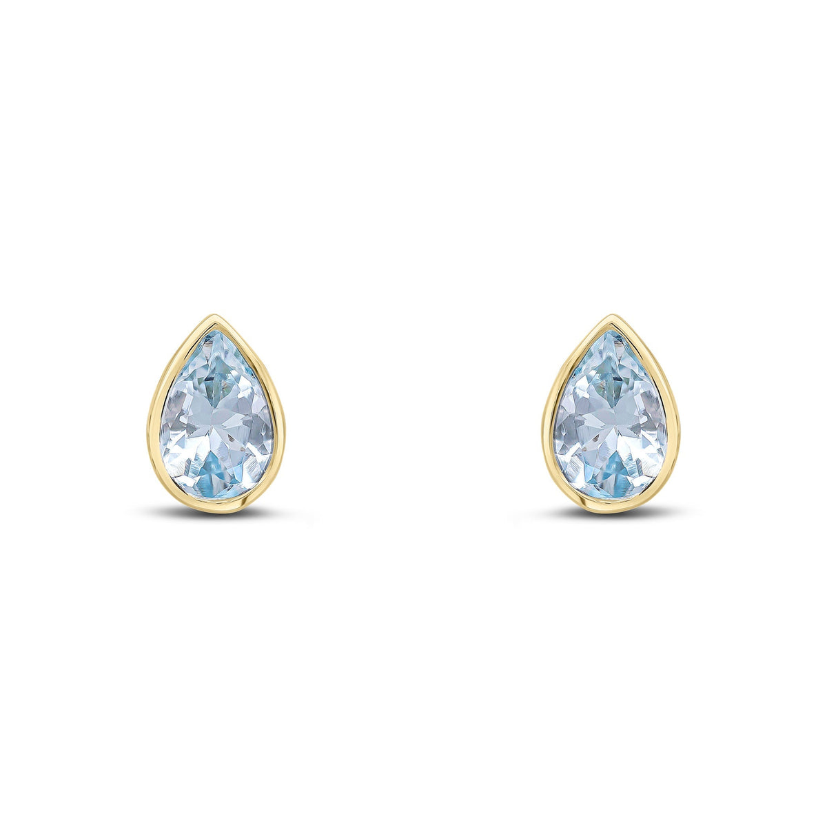 9ct Yellow Gold Pear Shaped Natural Aquamarine Rubover Stud Earrings — 6x4mm