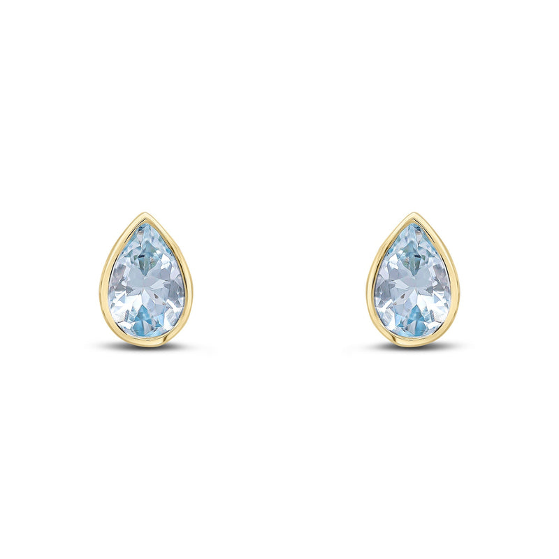 9ct Yellow Gold Pear Shaped Natural Aquamarine Rubover Stud Earrings — 6x4mm