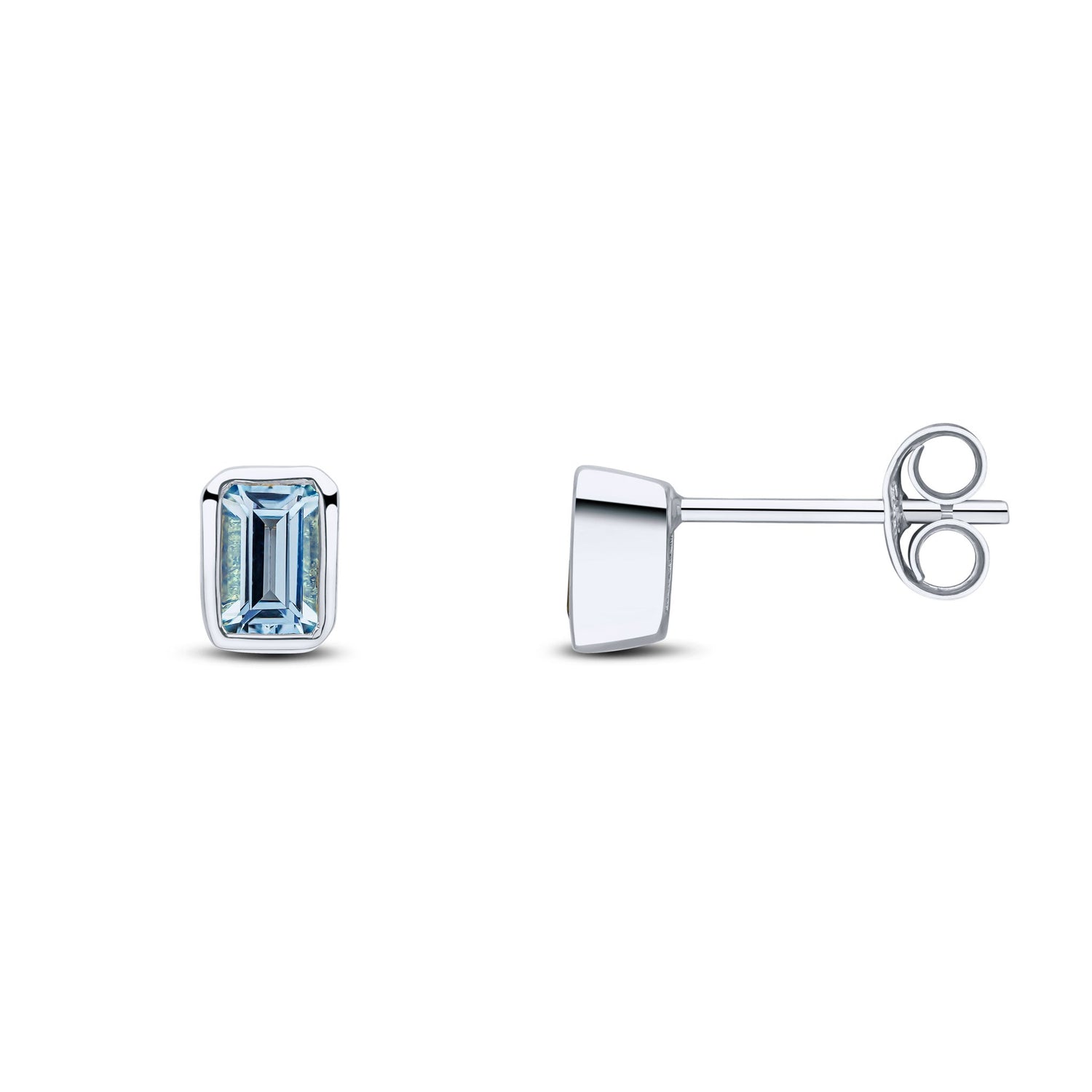 9ct White Gold Octagonal Emerald Cut Natural Aquamarine Rubover Stud Earrings — 5x3mm