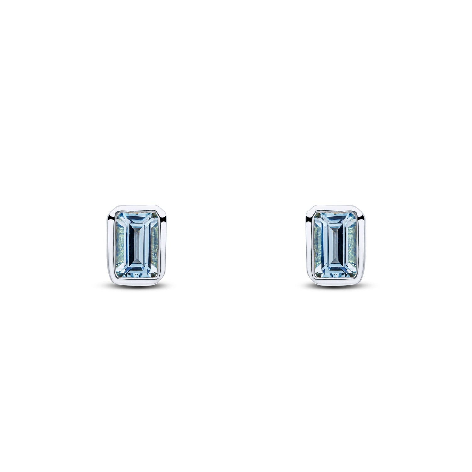 9ct White Gold Octagonal Emerald Cut Natural Aquamarine Rubover Stud Earrings — 5x3mm