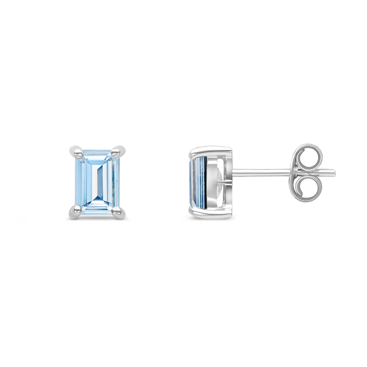 9ct White Gold Octagon Emerald Cut Natural Aquamarine Claw Stud Earrings — 6x4mm