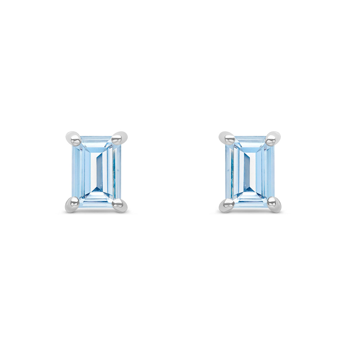 9ct White Gold Octagon Emerald Cut Natural Aquamarine Claw Stud Earrings — 6x4mm