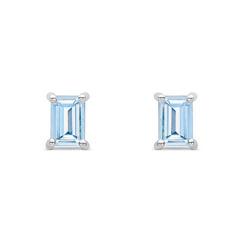 9ct White Gold Octagon Emerald Cut Natural Aquamarine Claw Stud Earrings — 6x4mm