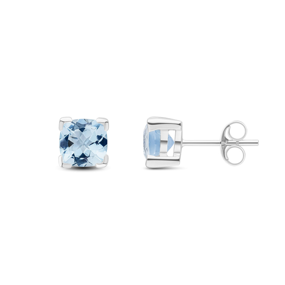 9ct White Gold Cushion Natural Aquamarine Claw Stud Earrings — 6mm