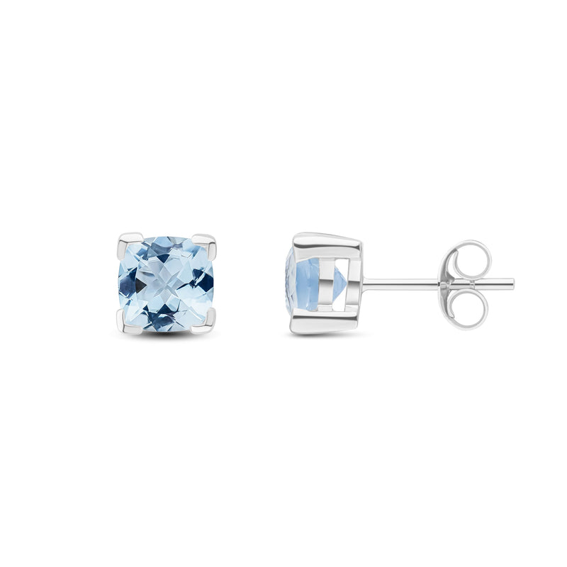 9ct White Gold Cushion Natural Aquamarine Claw Stud Earrings — 6mm