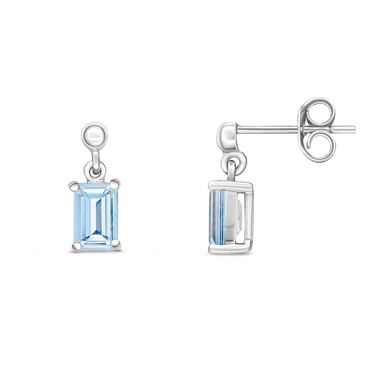 9ct White Gold Octagonal Emerald Cut Natural Aquamarine Claw Drop Earrings — 6x4mm