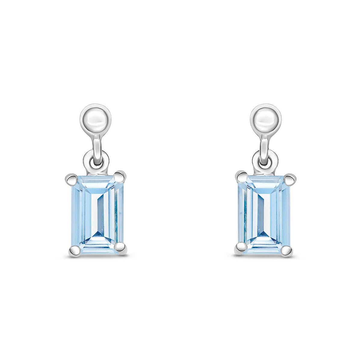 9ct White Gold Octagonal Emerald Cut Natural Aquamarine Claw Drop Earrings — 6x4mm