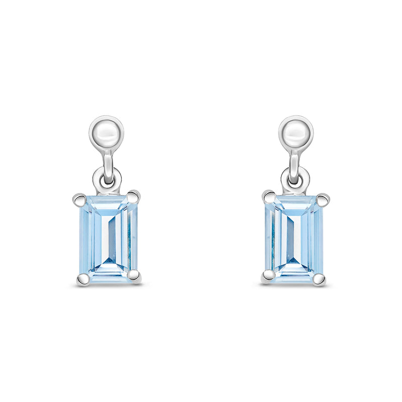 9ct White Gold Octagonal Emerald Cut Natural Aquamarine Claw Drop Earrings — 6x4mm