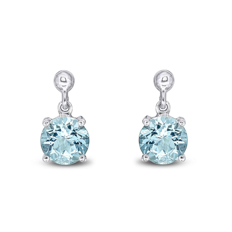 9ct White Gold Round Natural Aquamarine Claw Drop Earrings with Bead Top — 6mm