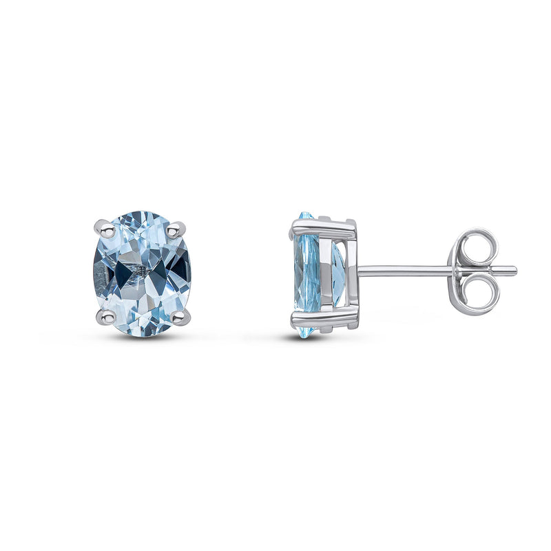 9ct White Gold Oval Natural Aquamarine Claw Stud Earrings — 8x6mm