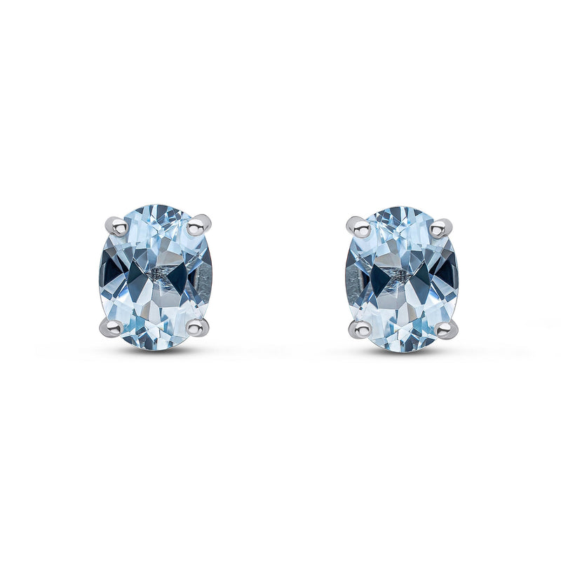 9ct White Gold Oval Natural Aquamarine Claw Stud Earrings — 8x6mm
