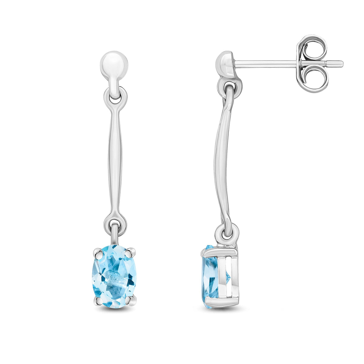 9ct White Gold Oval Natural Aquamarine Claw Bar Drop Earrings — 6x4mm