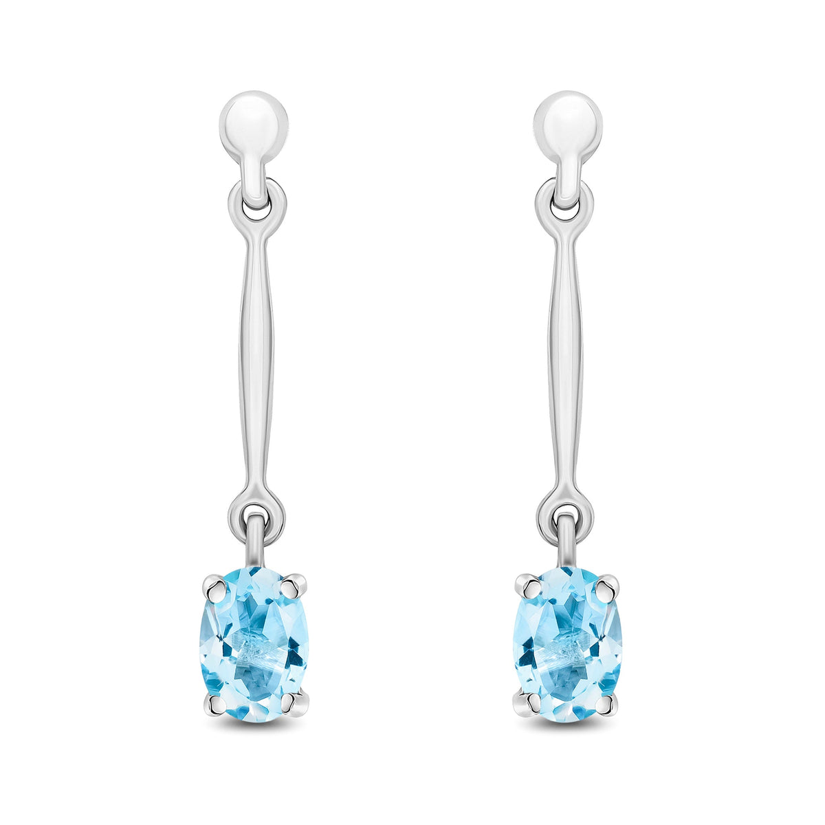 9ct White Gold Oval Natural Aquamarine Claw Bar Drop Earrings — 6x4mm