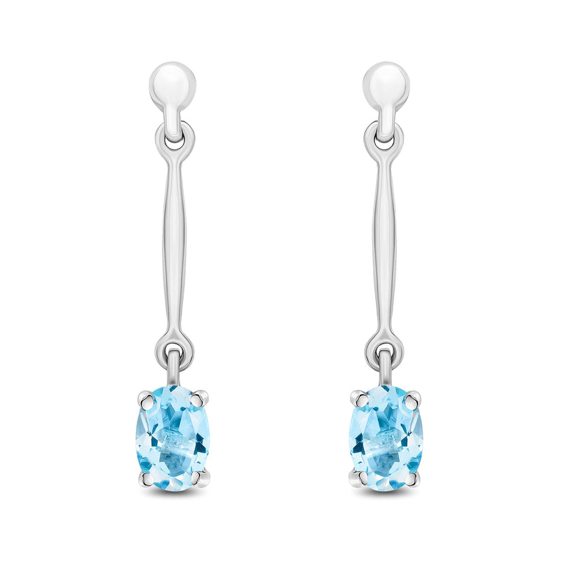 9ct White Gold Oval Natural Aquamarine Claw Bar Drop Earrings — 6x4mm