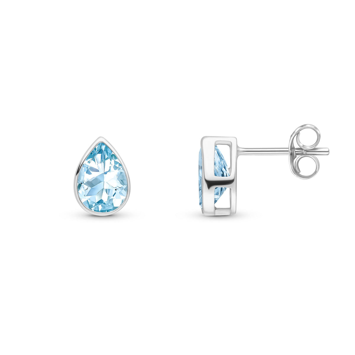 9ct White Gold Pear Shaped Natural Aquamarine Rubover Stud Earrings — 7x5mm