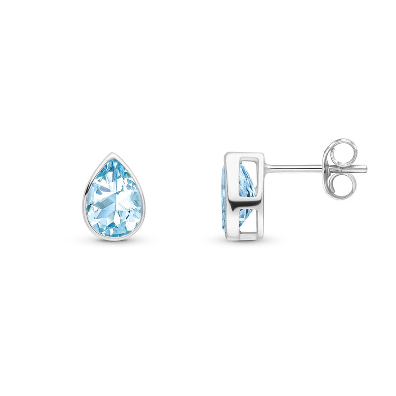 9ct White Gold Pear Shaped Natural Aquamarine Rubover Stud Earrings — 7x5mm