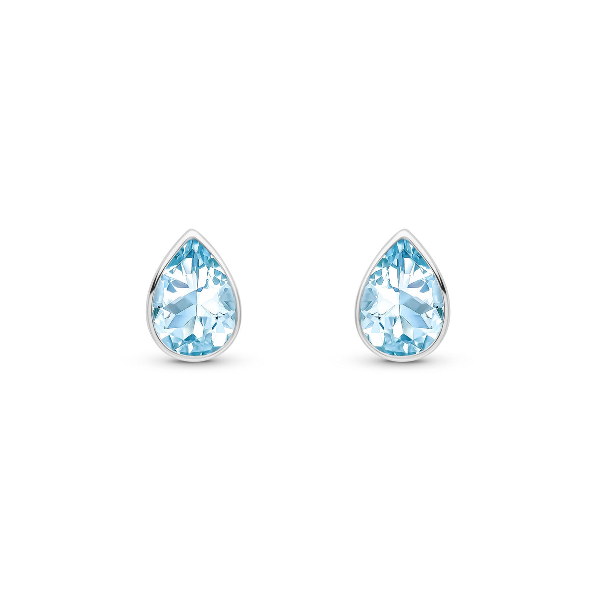 9ct White Gold Pear Shaped Natural Aquamarine Rubover Stud Earrings — 7x5mm