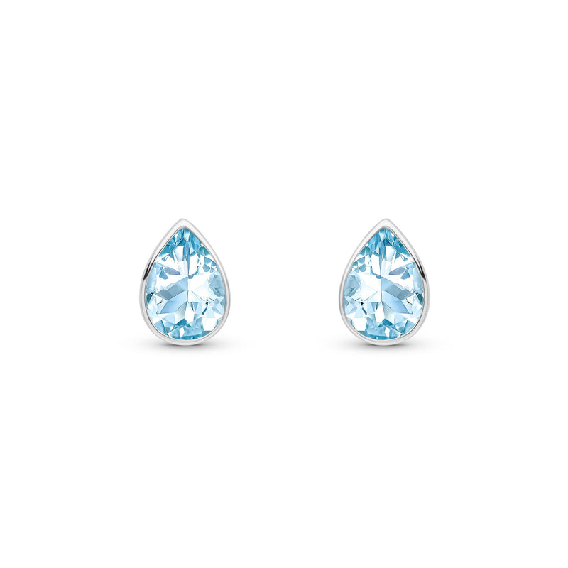 9ct White Gold Pear Shaped Natural Aquamarine Rubover Stud Earrings — 7x5mm