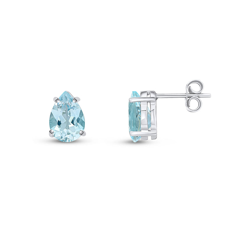 9ct White Gold Pear Shaped Natural Aquamarine Claw Stud Earrings — 9x6mm