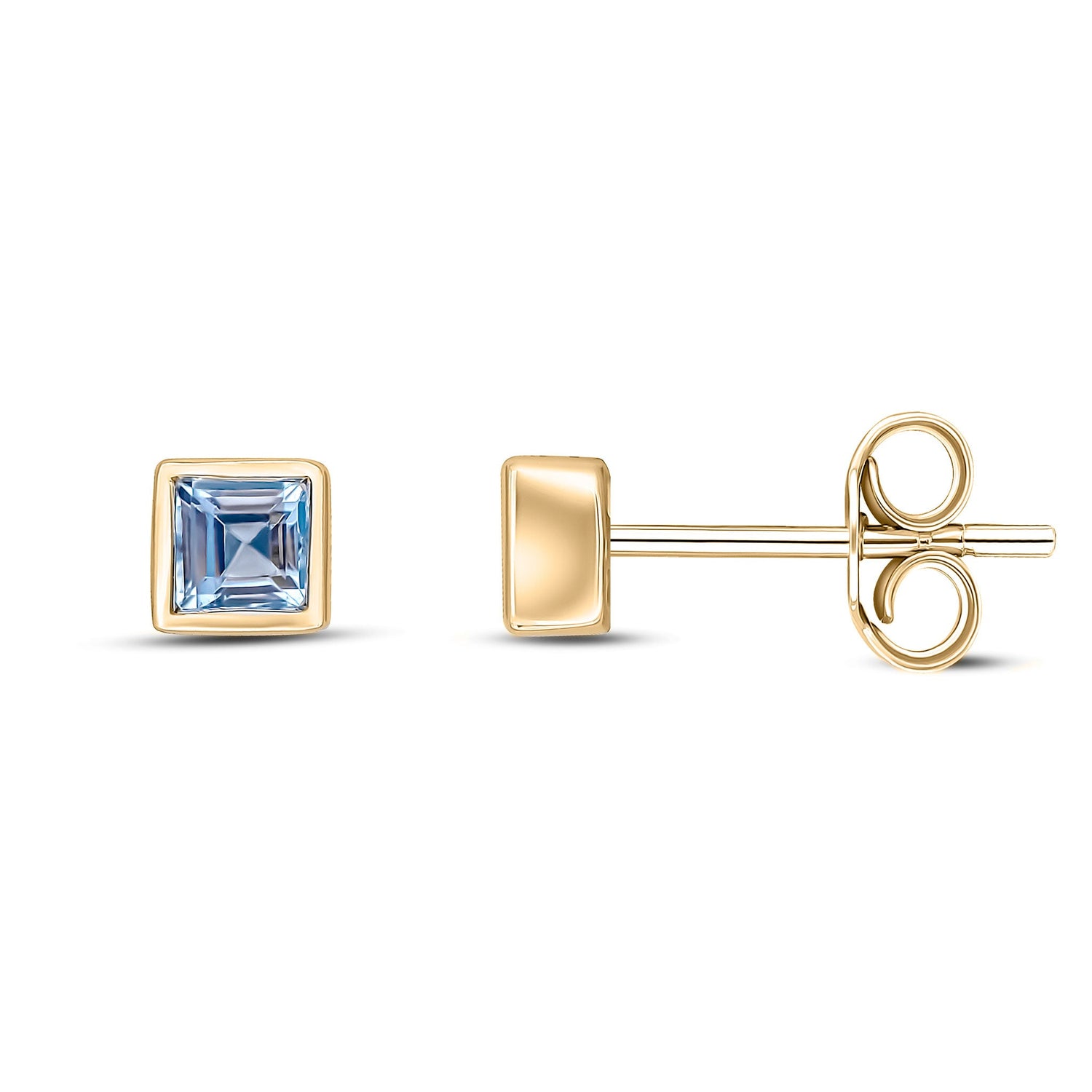 9ct Yellow Gold Square Natural Aquamarine Rubover Stud Earrings — 3mm