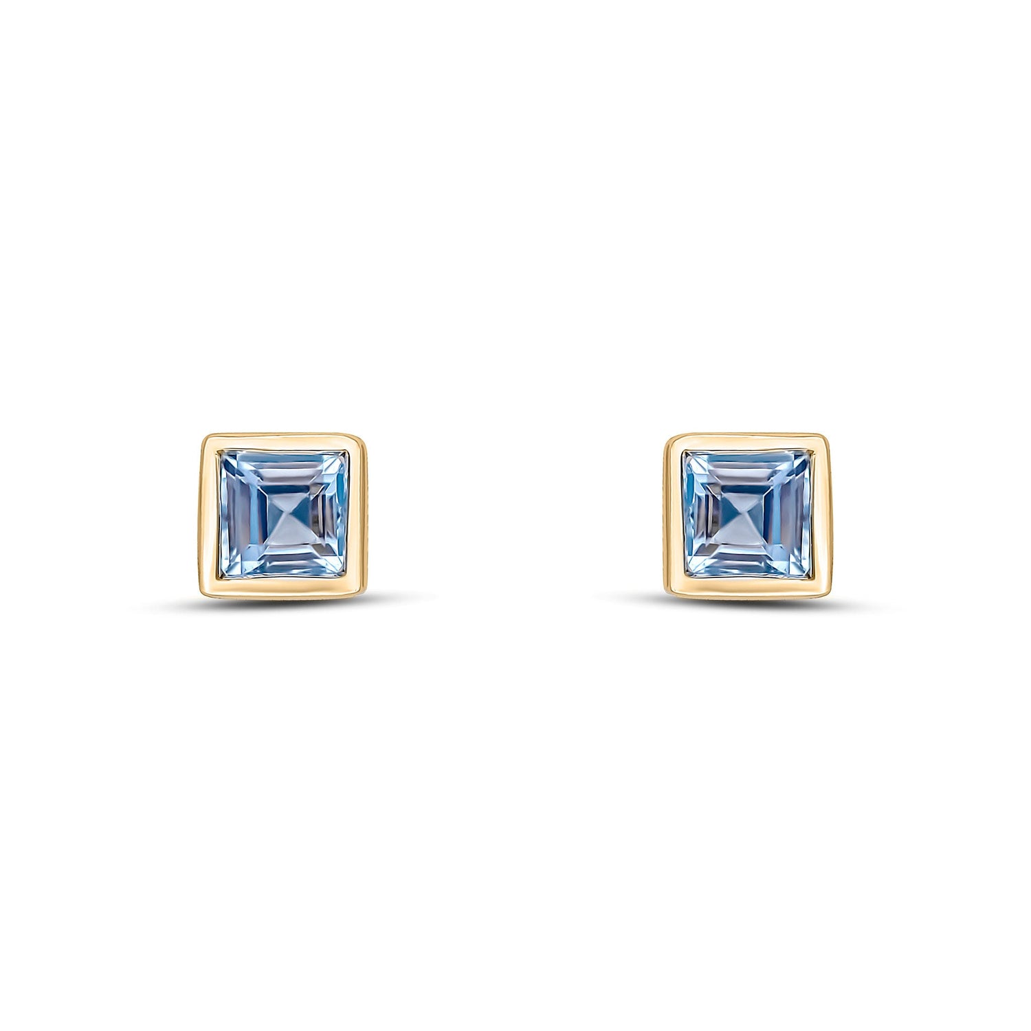 9ct Yellow Gold Square Natural Aquamarine Rubover Stud Earrings — 3mm