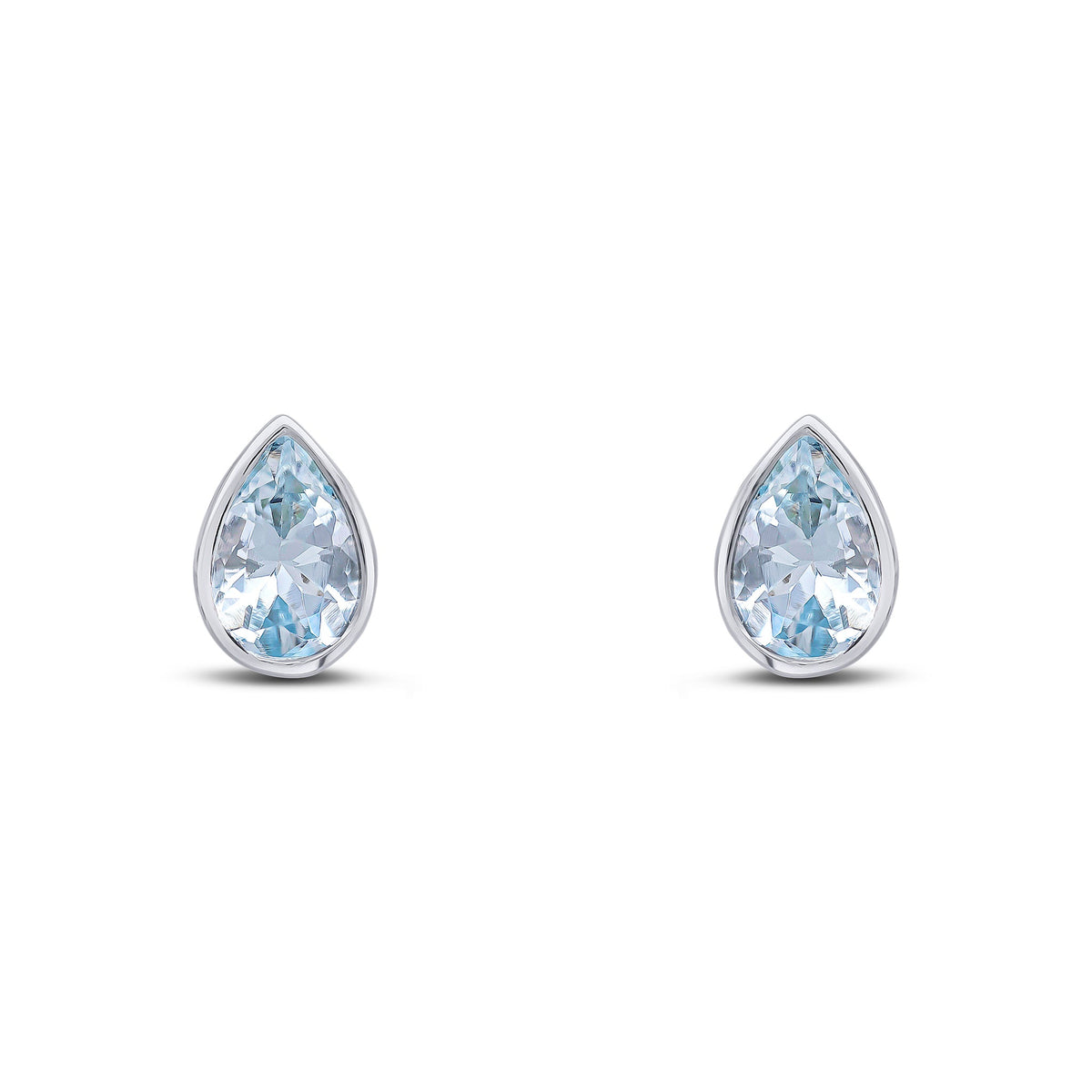 9ct White Gold Pear Shaped Natural Aquamarine Rubover Stud Earrings — 6x4mm
