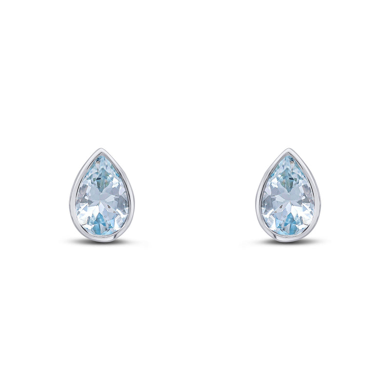 9ct White Gold Pear Shaped Natural Aquamarine Rubover Stud Earrings — 6x4mm