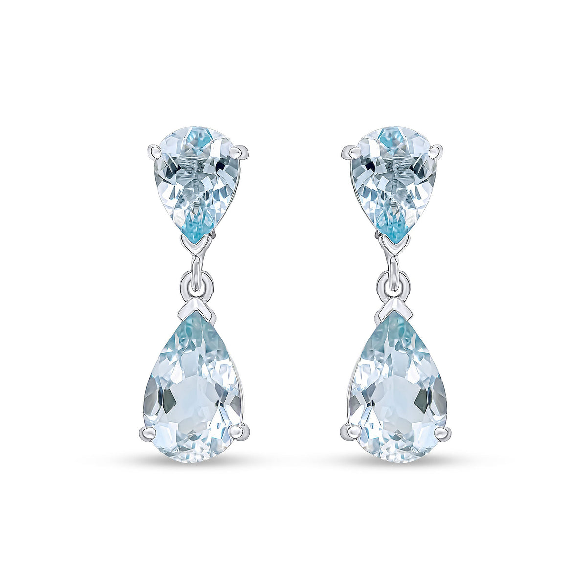 9ct White Gold Pear Shaped Natural Aquamarine Two Stone Claw Drop Earrings — 9x6mm