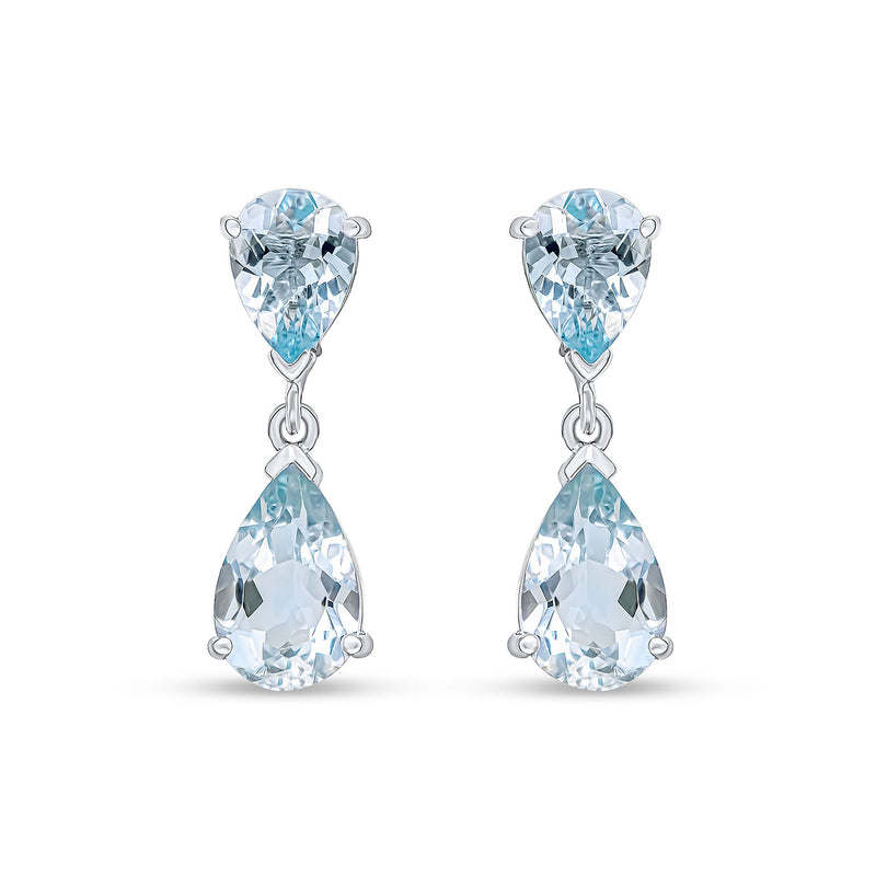 9ct White Gold Pear Shaped Natural Aquamarine Two Stone Claw Drop Earrings — 9x6mm