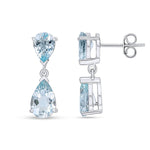 9ct White Gold Pear Shaped Natural Aquamarine Two Stone Claw Drop Earrings — 9x6mm