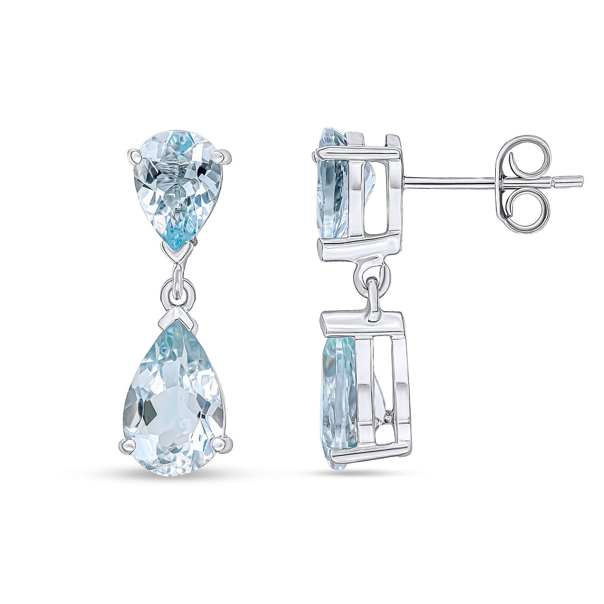 9ct White Gold Pear Shaped Natural Aquamarine Two Stone Claw Drop Earrings — 9x6mm