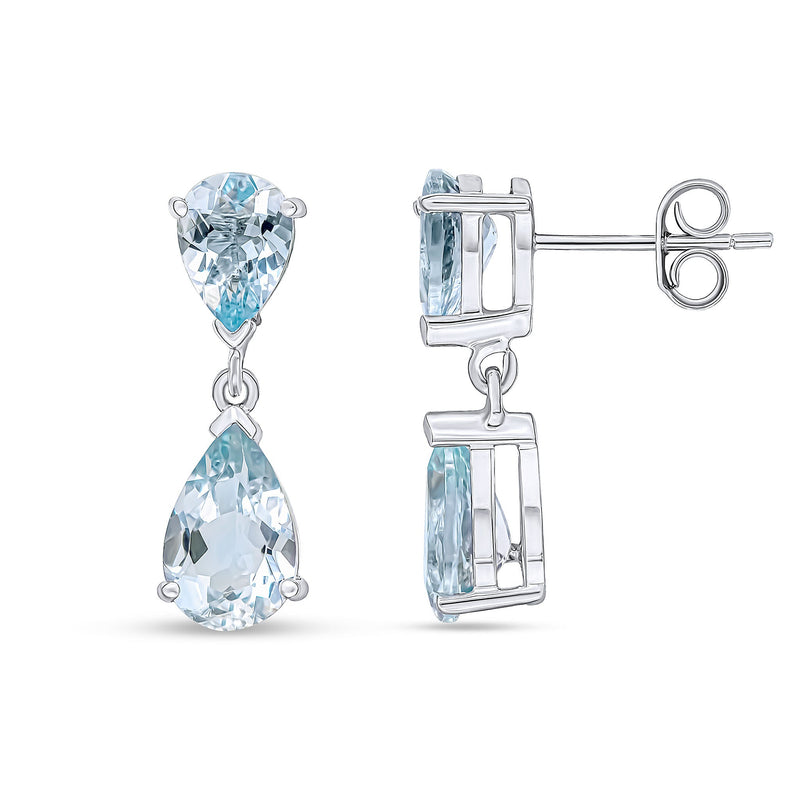 9ct White Gold Pear Shaped Natural Aquamarine Two Stone Claw Drop Earrings — 9x6mm