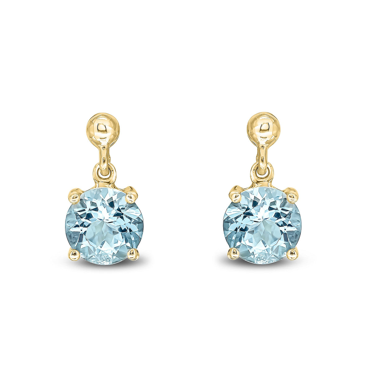 9ct Yellow Gold Round Natural Aquamarine Claw Drop Earrings with Bead Top — 6mm