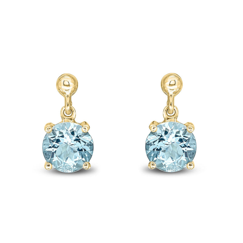 9ct Yellow Gold Round Natural Aquamarine Claw Drop Earrings with Bead Top — 6mm