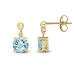 9ct Yellow Gold Round Natural Aquamarine Claw Drop Earrings with Bead Top — 6mm