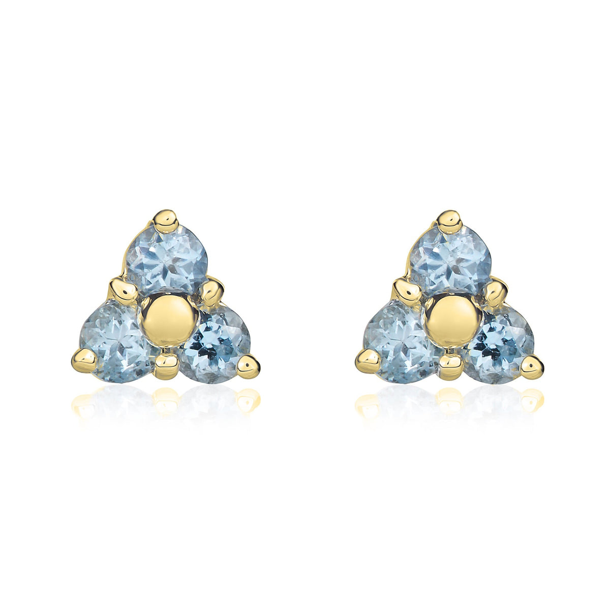 9ct Yellow Gold Round Natural Aquamarine Trefoil Claw Stud Earrings