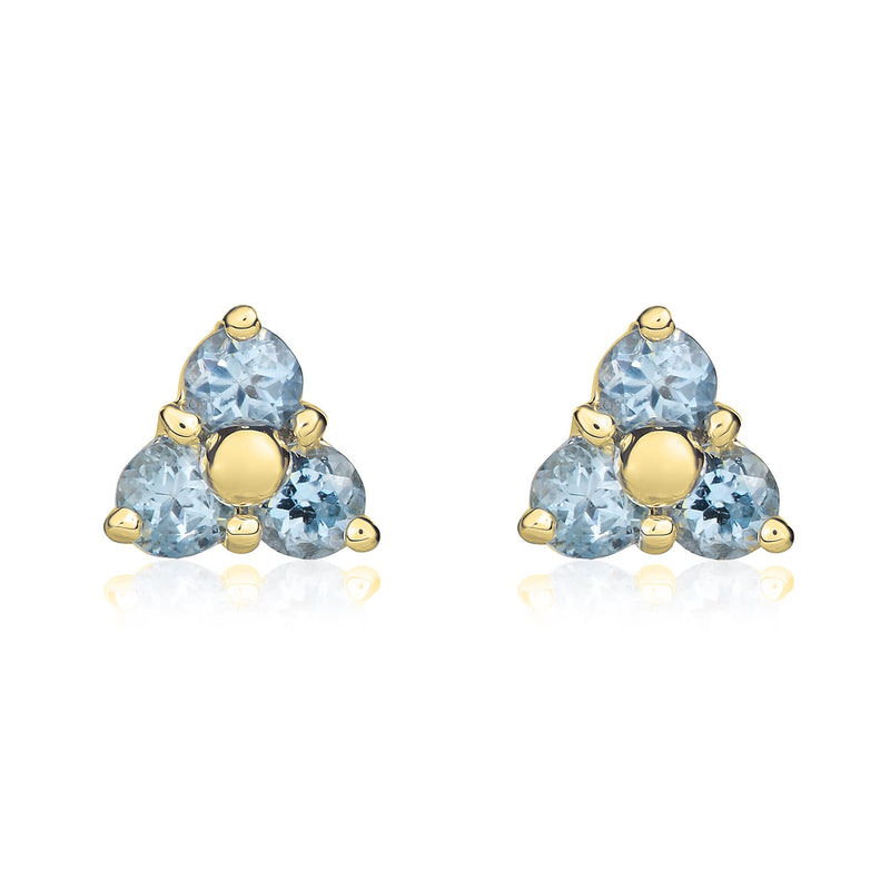 9ct Yellow Gold Round Natural Aquamarine Trefoil Claw Stud Earrings