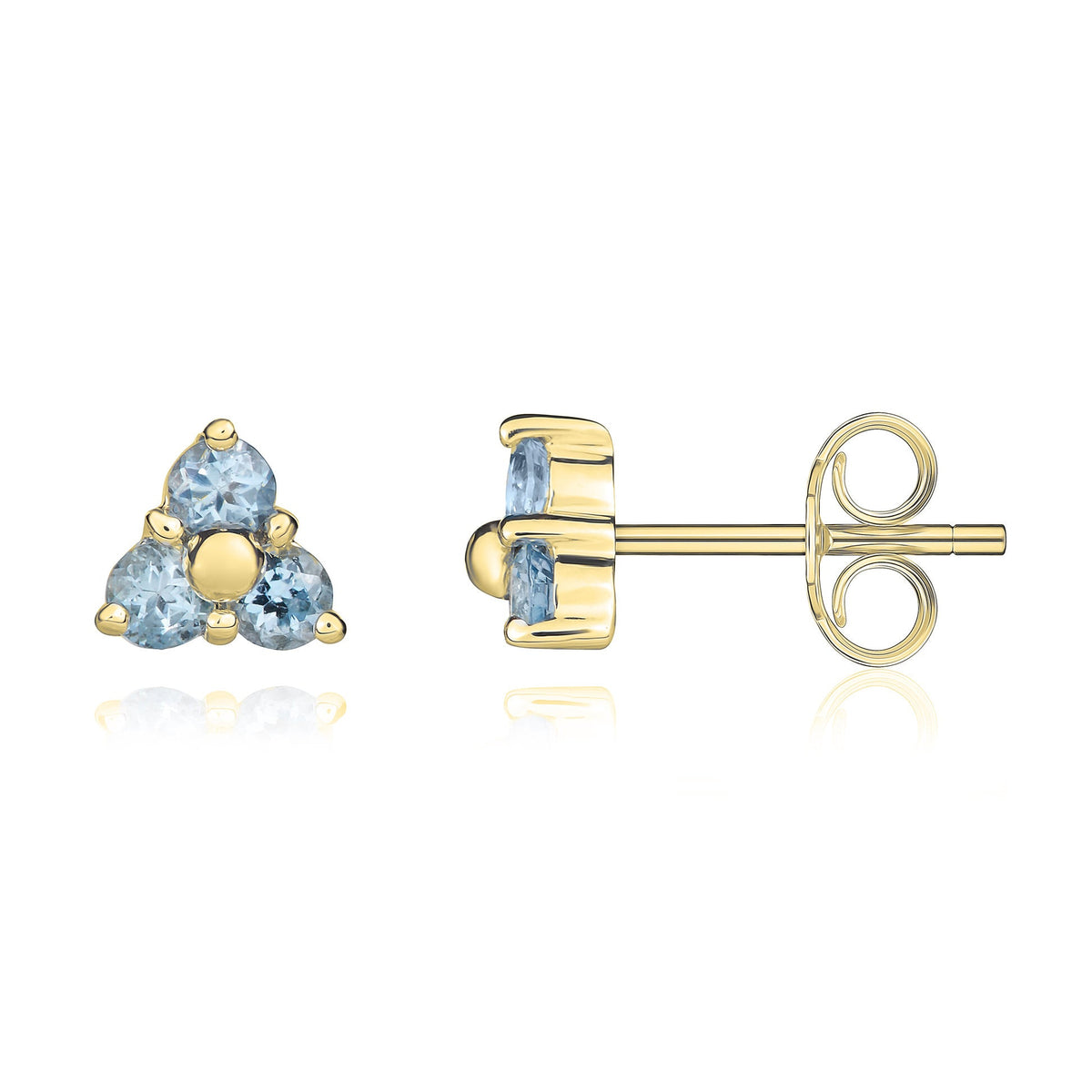 9ct Yellow Gold Round Natural Aquamarine Trefoil Claw Stud Earrings