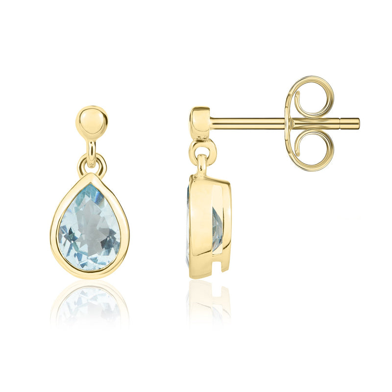 9ct Yellow Gold Pear Shaped Natural Aquamarine Rubover Drop Earrings with 2.5mm Bead Top — 6x4mm