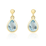 9ct Yellow Gold Pear Shaped Natural Aquamarine Rubover Drop Earrings with 2.5mm Bead Top — 6x4mm