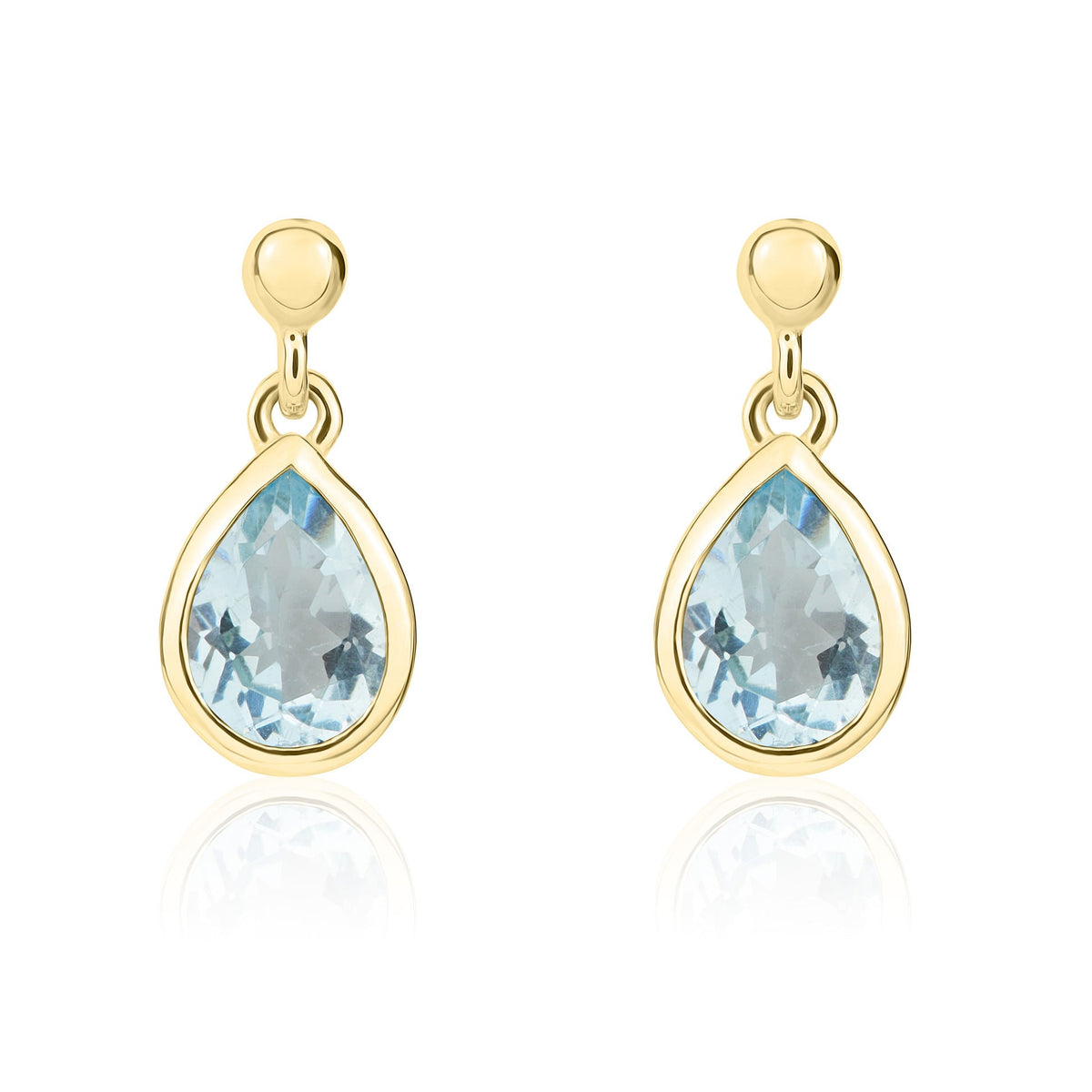 9ct Yellow Gold Pear Shaped Natural Aquamarine Rubover Drop Earrings with 2.5mm Bead Top — 6x4mm